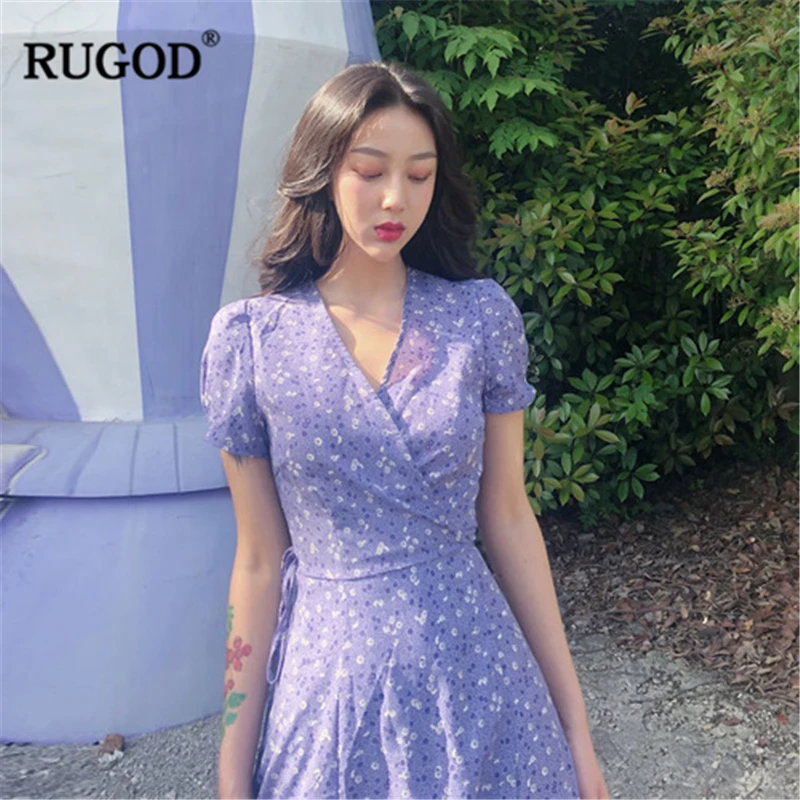 RUGOD/2019 Новое Женское фиолетовое Лавандовое Цветочное платье с v образным вырезом