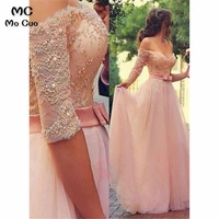 a line evening dresses long prom gown with appliques pearls half sleeve sweetheart vestidos de fiesta tulle women evening dress