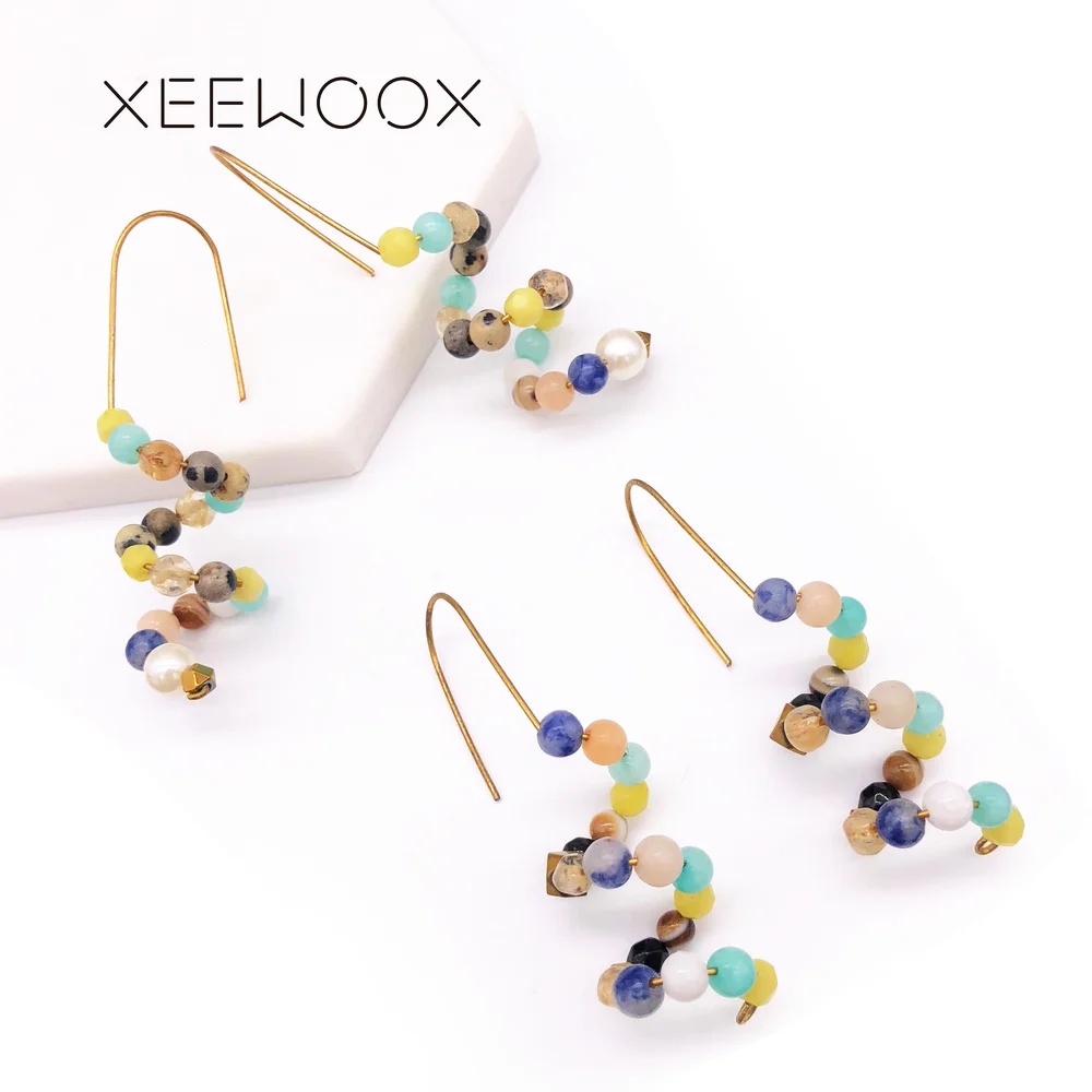 Красочные полудрагоценные серьги из натурального камня висячие с зелеными и