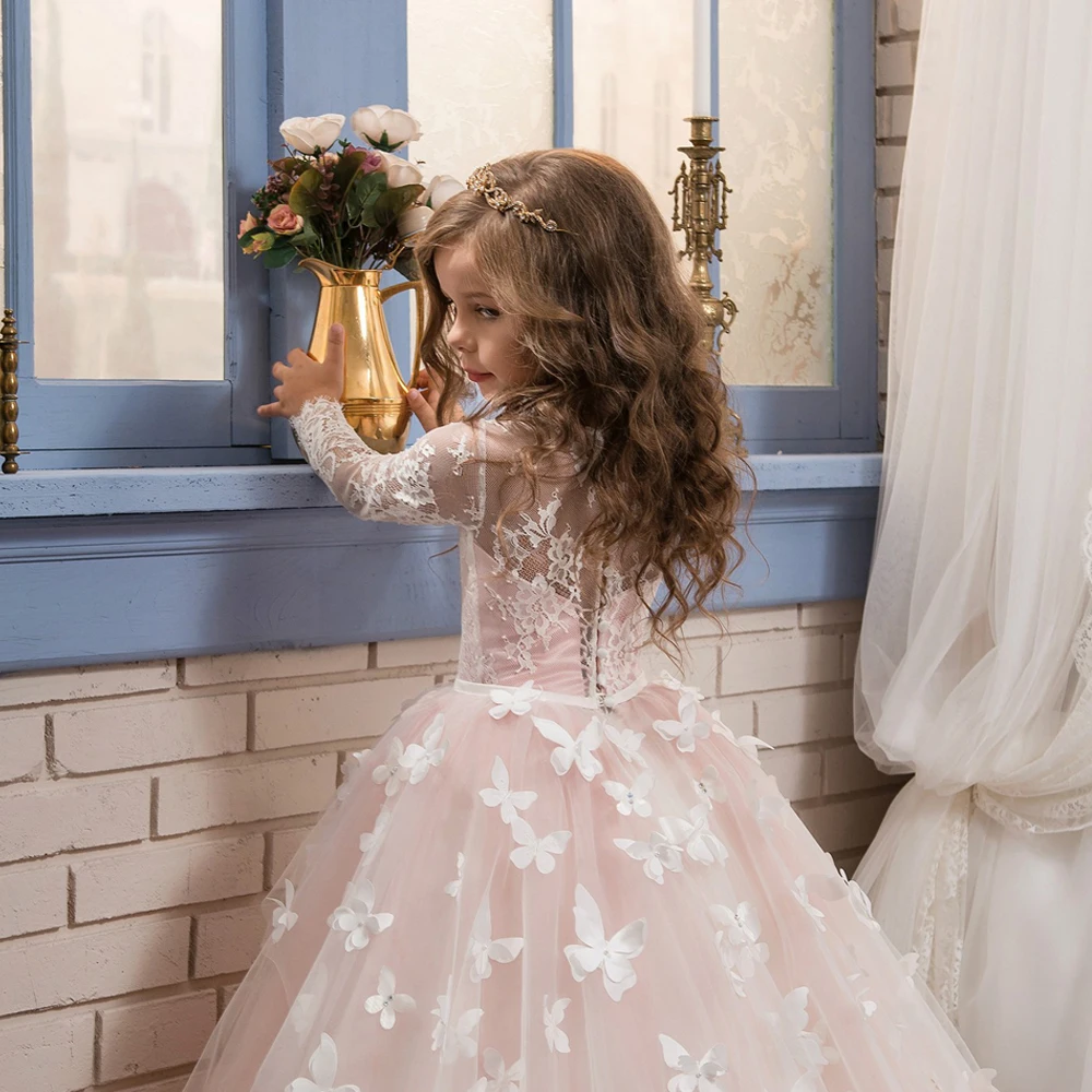 Holy Communion Dresses Ball Gown Long Sleeves Lace Back Button Solid O-neck Flower Girl Vestido De Daminha New Arrival | Детская одежда