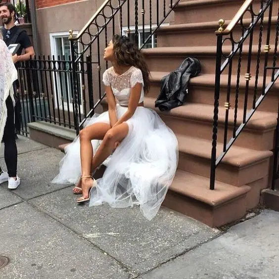 Erosebridal Новое поступление, два предмета, свадебные платья, короткий топ, свадебное платье с круглым вырезом, Тюлевое платье невесты, vestido de noiva размера плюс