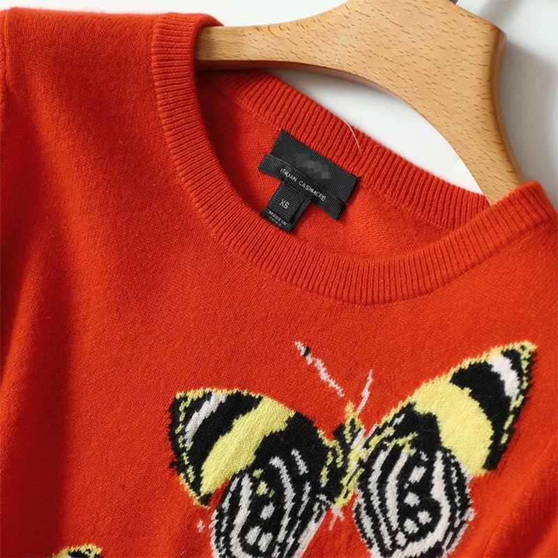 Женский свитер с вышивкой пуловер принтом бабочки 100% кашемировый круглым