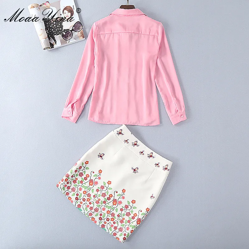 MoaaYina Designer Set summer Women Long Sleeves Bowknot Crystal Ruched Pink Shirt+Cartoon Character Sexy Mini Short Skirts | Женская
