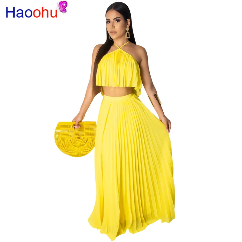 

2019 women summer chiffon halter blouses shirts top & maxi pleated skirt suit two piece set beach long dress vestidos GLOFN3086