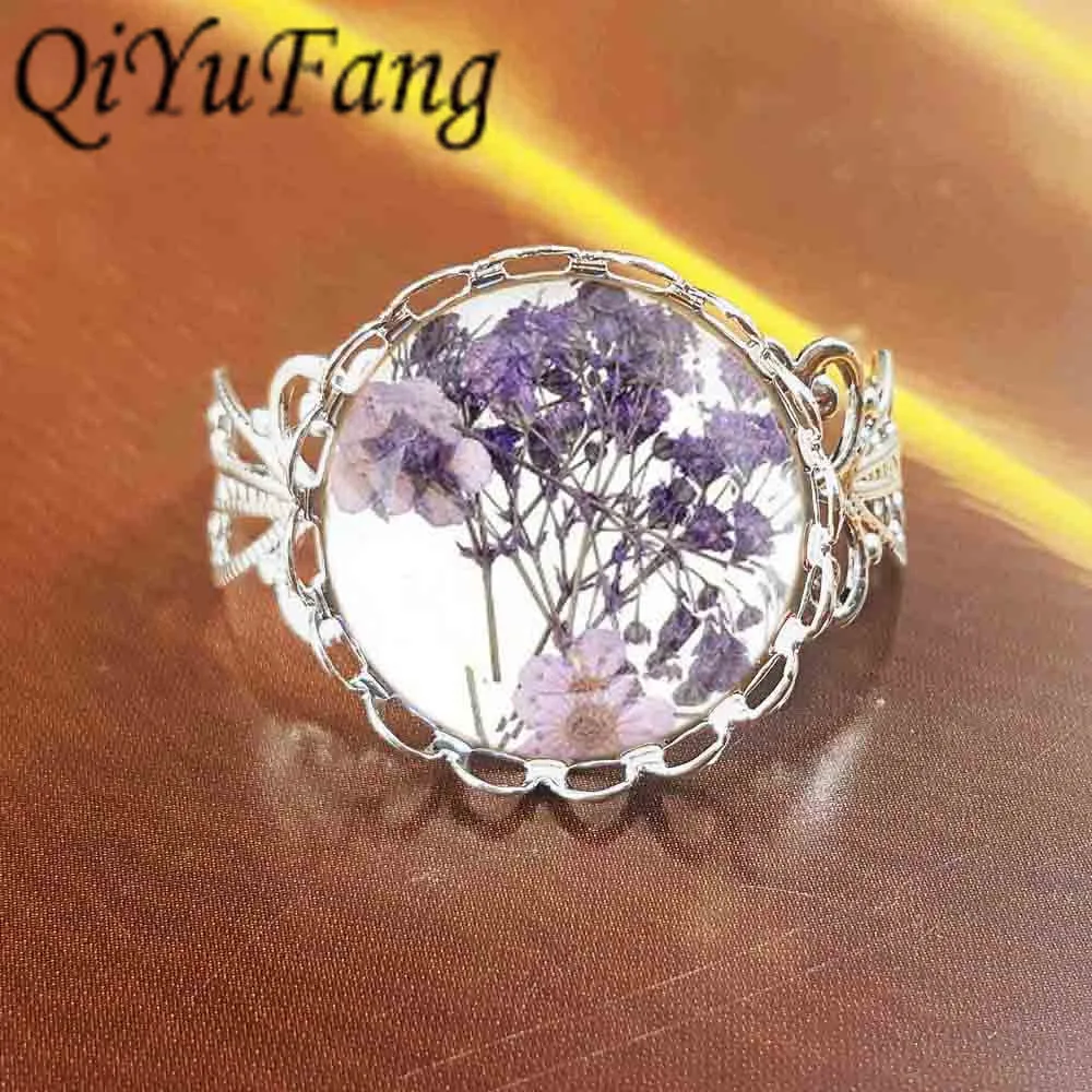 QiYuFang Романтические кольца фиолетовый высушенный цветок стеклянное кольцо