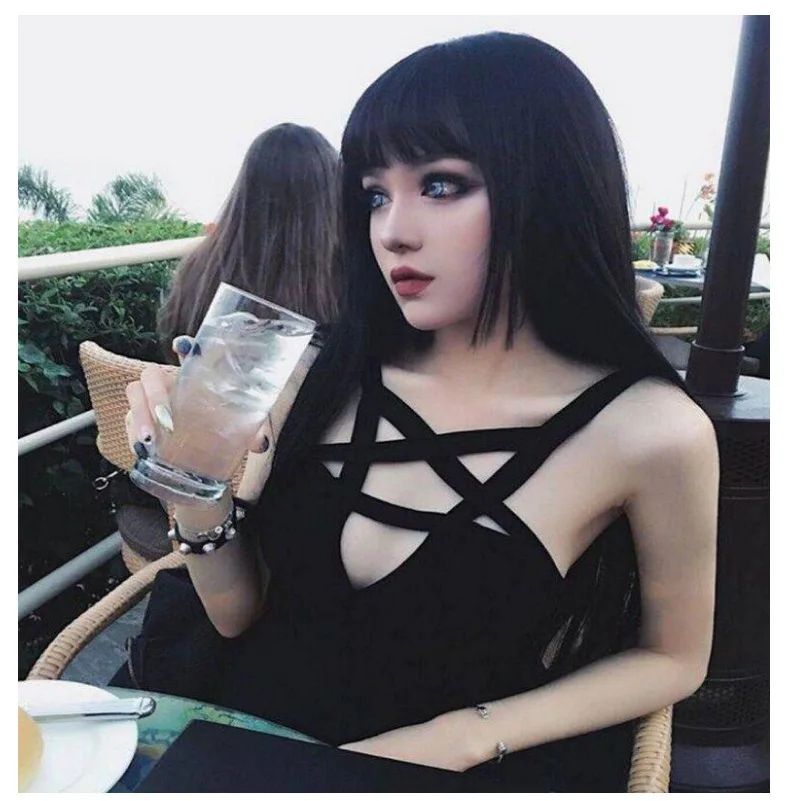 JIEZuoFang Gothic Women Jumpsuits Backless Cross Strap Front Design Hollow Out Pentagram Romper Black Sleeveless Slim Bodysuit