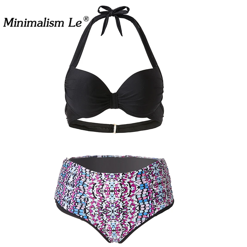 Minimalism Le 2017 Sexy Cross Bandage Bikini New Halter Top Women Swimwear Solid Swimsuit Patchwork Print Bathing Suits BK002 |