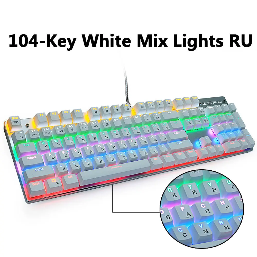 104White MIX lightRU Игровая механическая клавиатура синий/красный светодиодный переключатель с подсветкой 87/104 клавиш Проводная игровая клавиатура с защитой от привидения Русский/Английский для геймеров - Цвет: 104White MIX lightRU