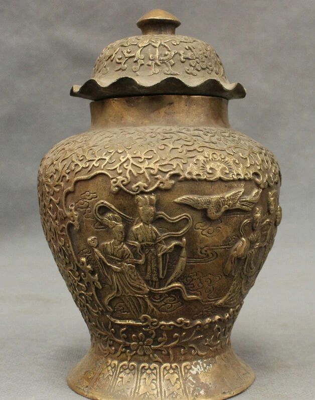 song voge gem S3273 Chinese Bronze Copper Fly Crane Court RuYi Belle Fairy Peach Statue Jug Jar Pot | Дом и сад