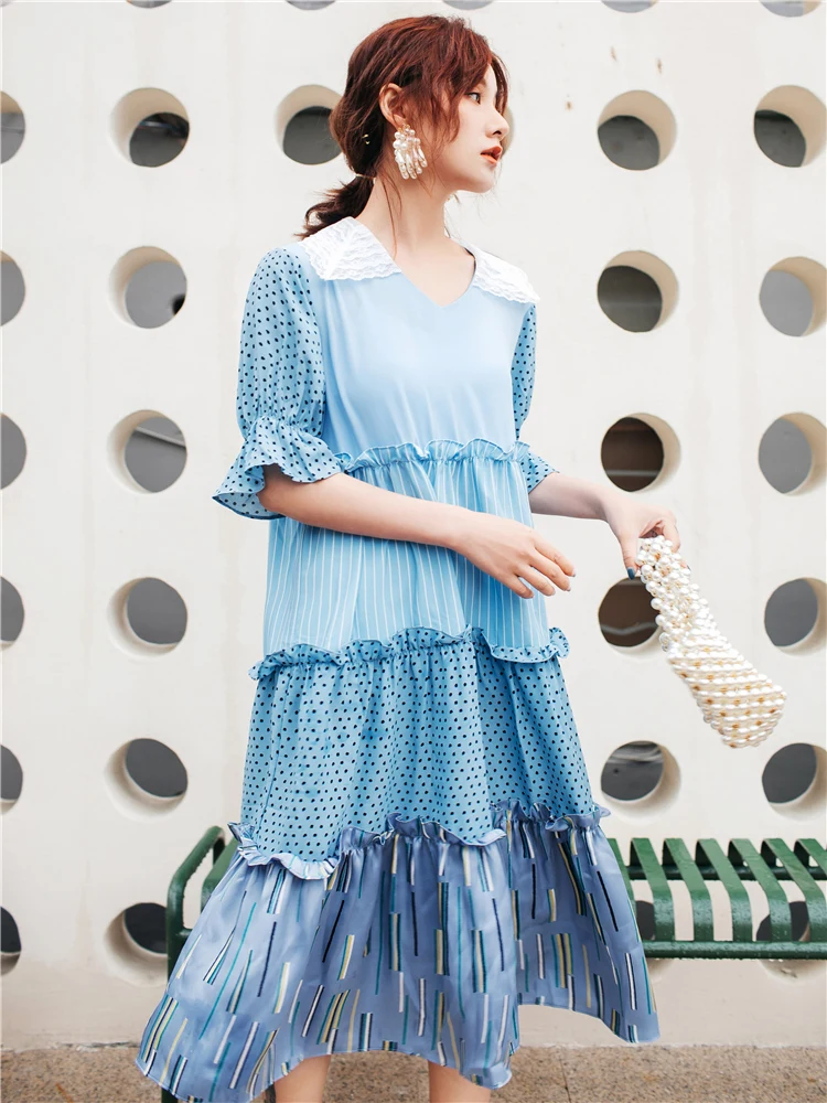 Женское платье LANMREM в горошек с отложным воротником и рукавами-фонариками модель