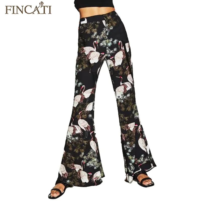 Брюки клеш расклешенные брюки Лето 2017 г. японского журавля Отпечатано эластичный