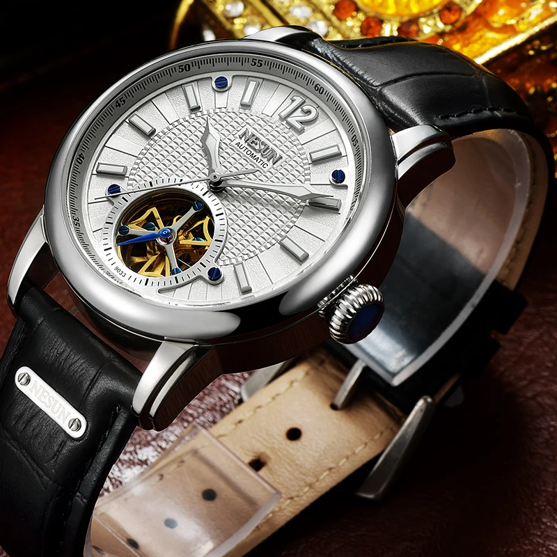 NESUN Men Simple Fashion Tourbillon Hollow Automatic Mechanical Wristwatches Waterproof Leather Watches Male Relogio Masculino | Наручные