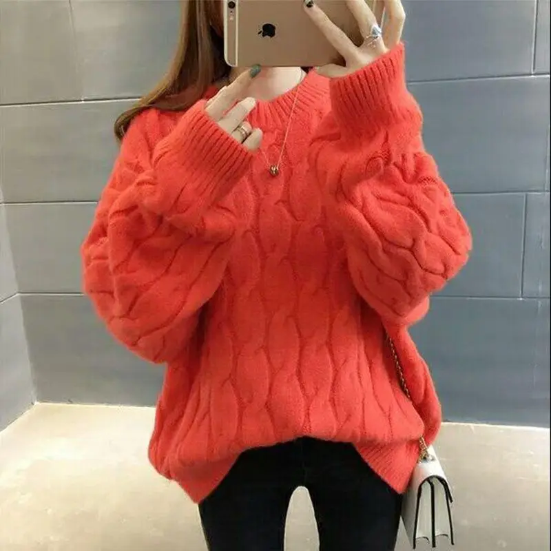 

Women Sweater 2018 Autumn Winter New Twist Pullovers Thick warm Loose Long Sleeve Solid Pullovers Sweaters