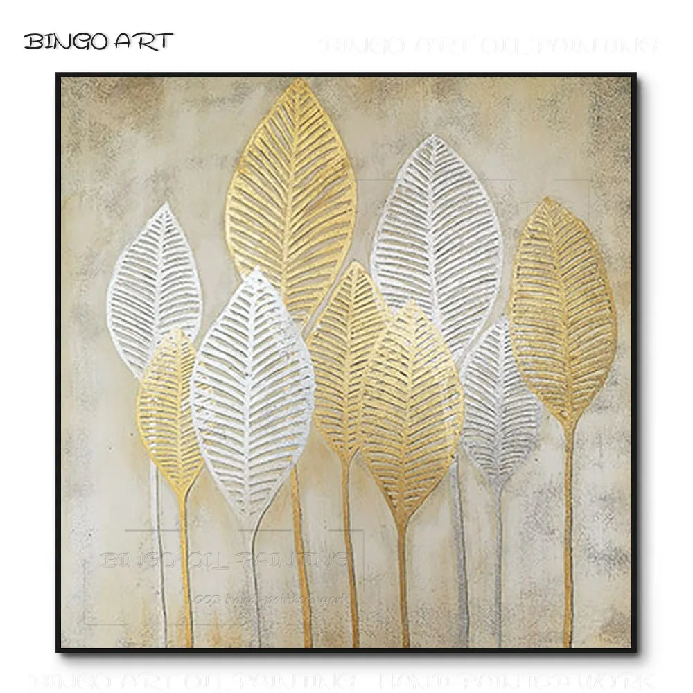 

Fashion Wall Art Hand-painted Beautiful Golden and Grey Leaves Oil Painting on Canvas Pop Fine Art Golden Leaves Oil Painting