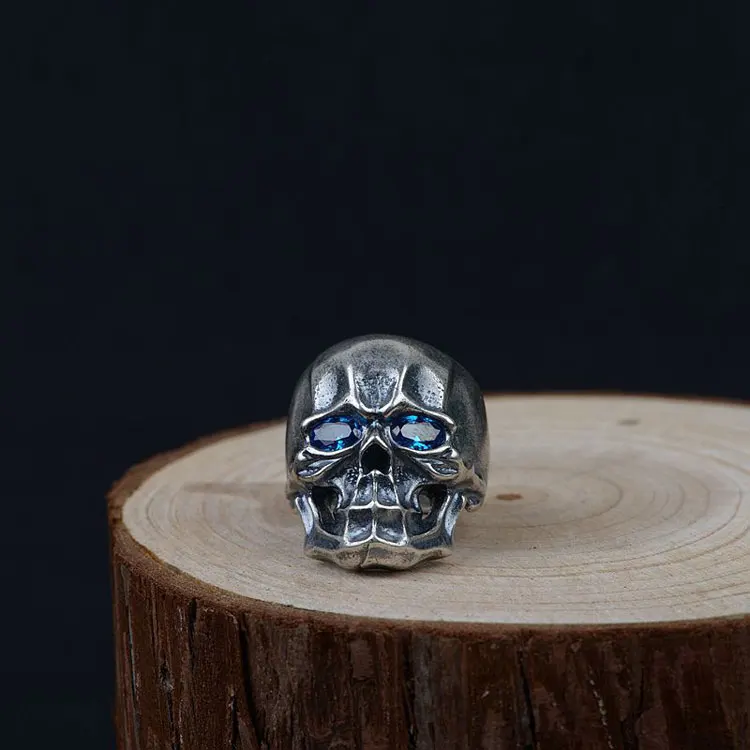 Черное кольцо FNJ с черепом, 925 серебро, Anillos, новая мода, голубой циркон, S925 Стерлинговое Серебро, кольца для мужчин, ювелирное изделие, регулируемый размер, bague
