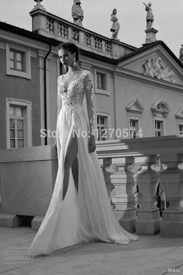 2014 Berta Front Slit Chiffon Long Sleeves Lace Beach Wedding Dress 2015 Elegant A Line Bridal Gown vestido de noiva(HM-W51) | Свадьбы и