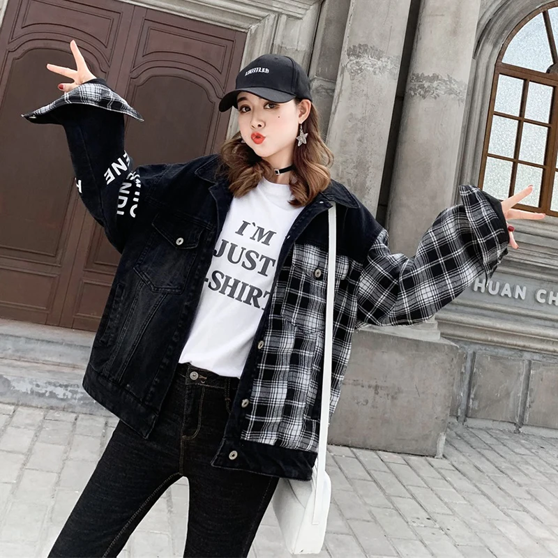 Осенняя стежка черная Свободная джинсовая куртка Harajuku куртка-бомбер уличная клетчатая черная джинсовая куртка женская куртка с буквенным принтом