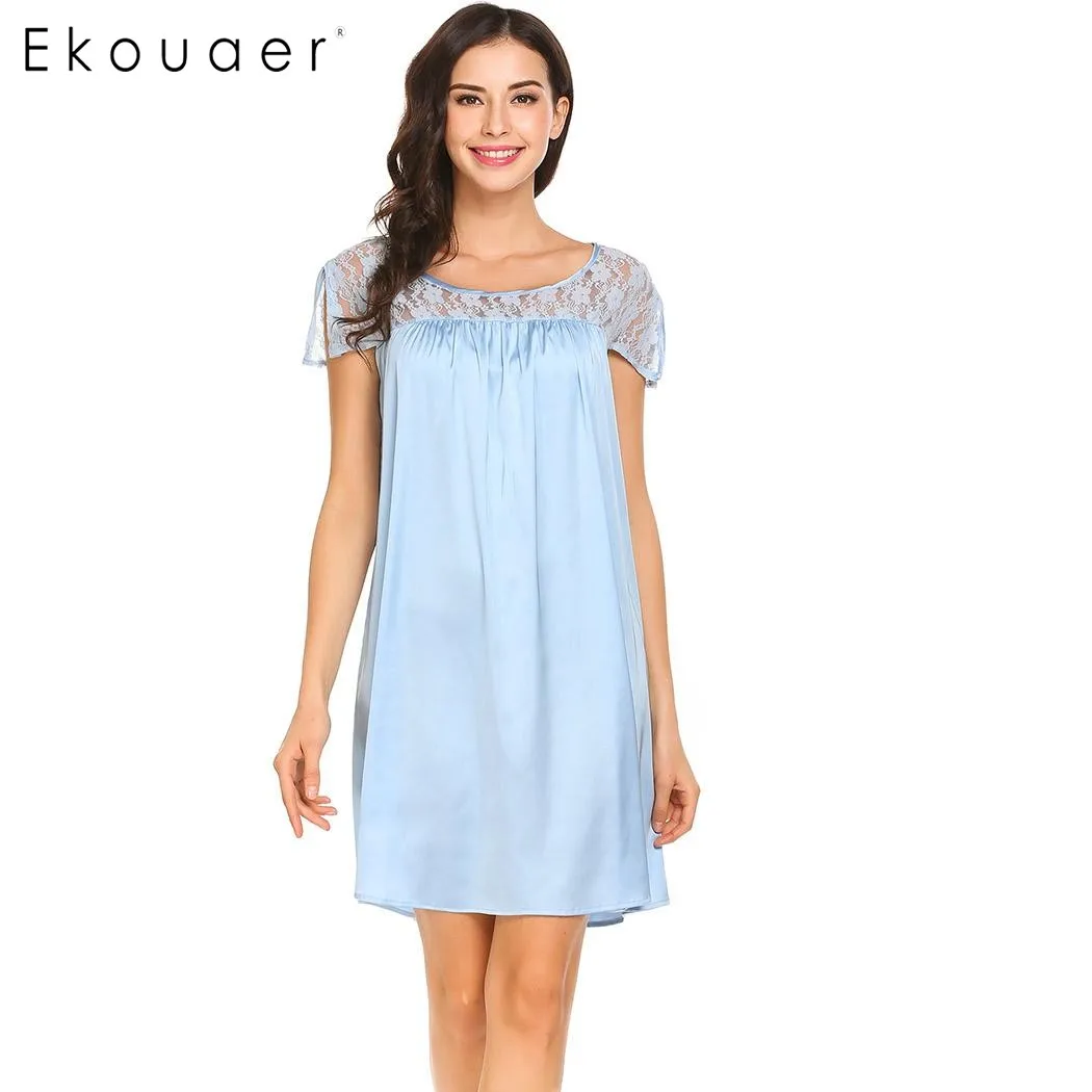 Ekouaer новая ночная рубашка для женщин с круглым вырезом и коротким рукавом