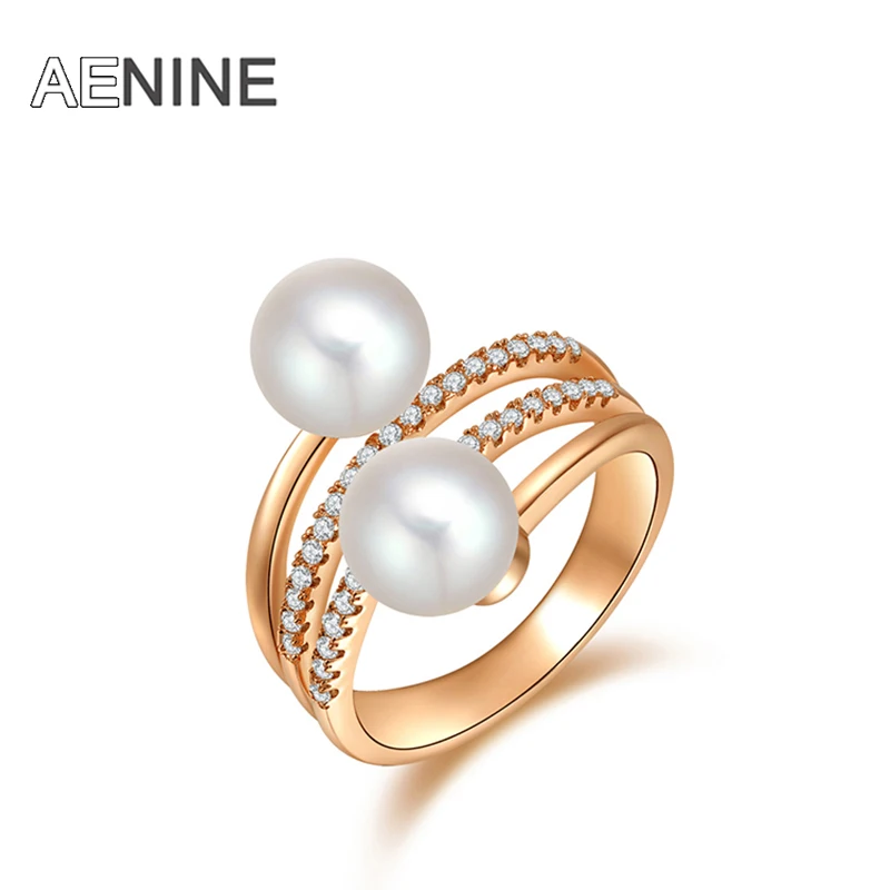 Модный aenine, двойные кольца с искусственным жемчугом, темперамент, инкрустированные Кольца с австрийскими кристаллами, свадебные кольца, ювелирные изделия для женщин