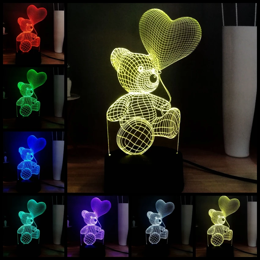Иллюзия RGB 3D Милый Детский плюшевый медвежонок в форме сердца воздушный шар