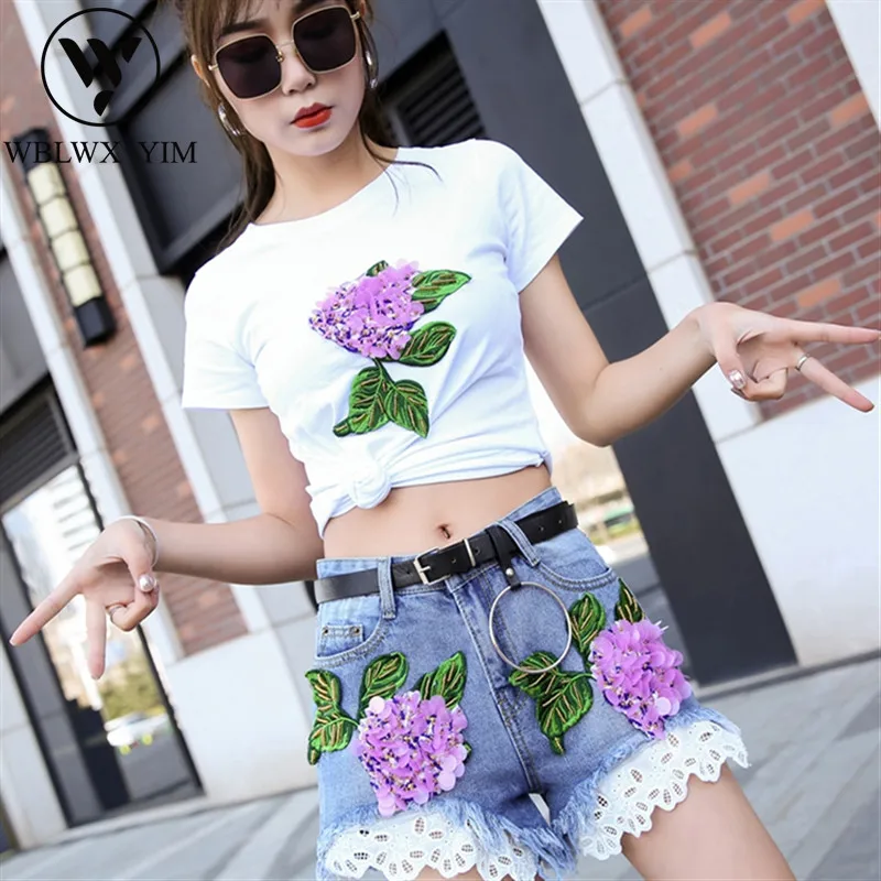 2019 новые летние кружевные женские джинсовые шорты с вышивкой пояс шнур короткие