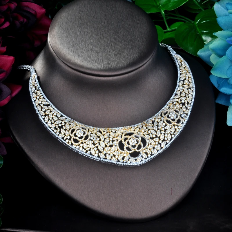 ?? HIBRIDE 最新デザイン 4 本フルマイクロキュービックジルコニア女性ウェディングドレスチョーカーネックレスイヤリングジュエリーセットウェディング N-862