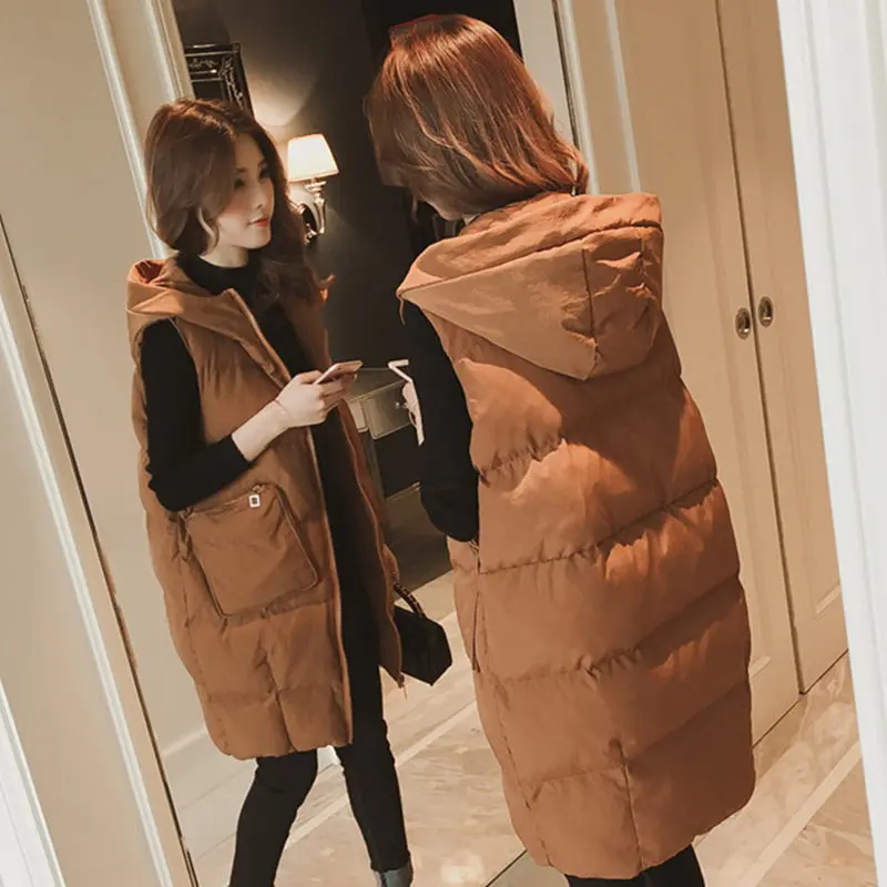 caramel colour Новинка зимы, Модный женский жилет, однотонный, с капюшоном, длинный, теплый, дикий, Свободный жилет, Femme, ватная, хлопковая, верхняя одежда, куртка MZ3167 - Цвет: caramel colour