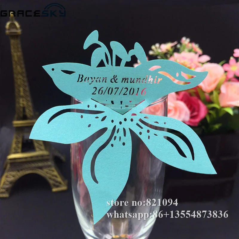 free shipping 50pcs lily flowers text personalized laser cut Place Wine Glass Cup Paper Card for Wedding Party Home Decorations | Дом и сад