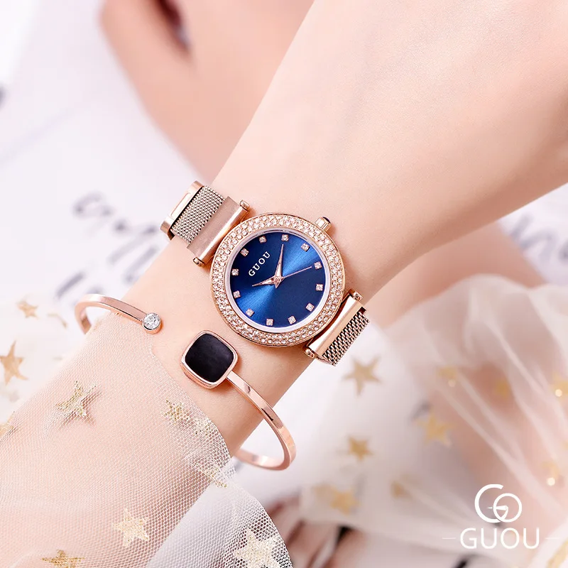 2019 Ladies fashion star round zircon stone crystal dial simple steel watchband classic quarz female watch  G8112