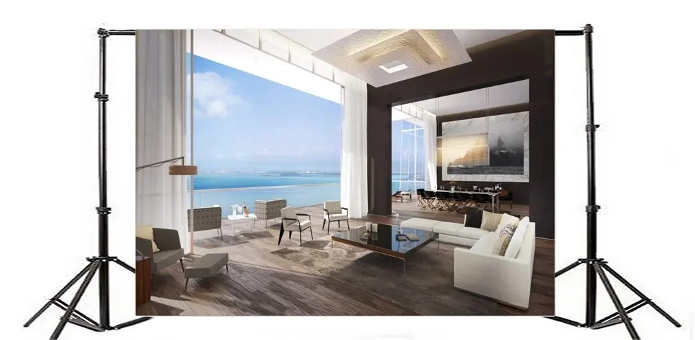 Фон для фотосъемки с изображением морского берега комнаты белых диванов стульев