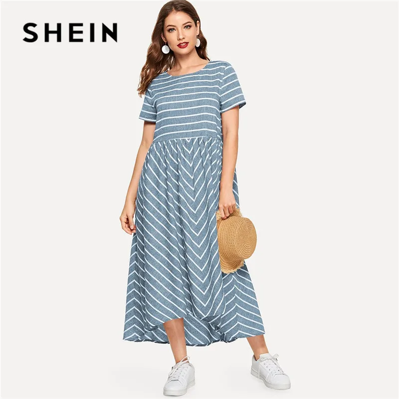 SHEIN Полосатое Платье макси с шевронным принтом, женское повседневное летнее платье с коротким рукавом, хлопковое женское платье трапециевидной формы с круглым вырезом