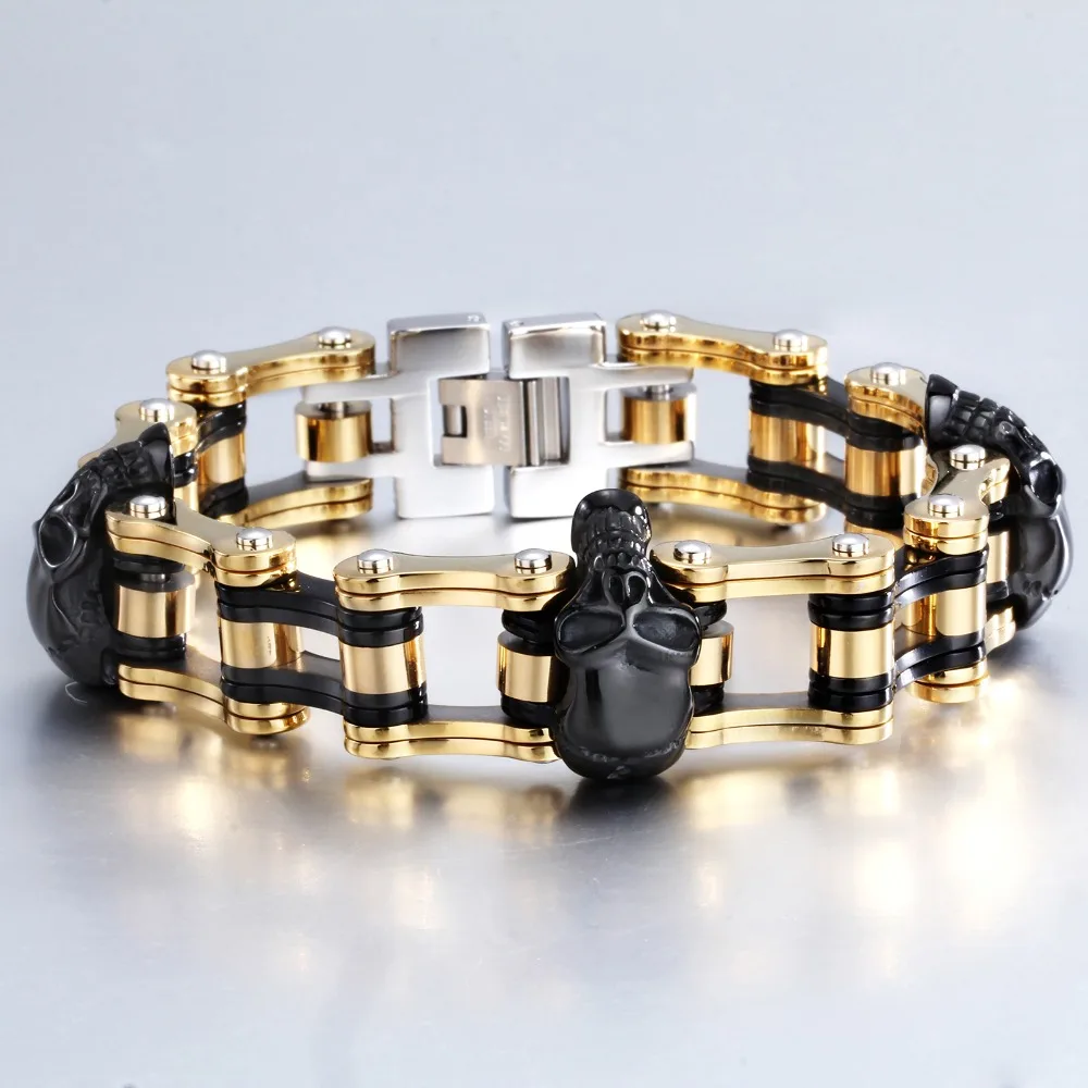 

High Quality Black & Gold Skeleton Skull Motor Bike Chain Motorcycle Chain Bracelet Bangle 316L Stainless Steel Jewelry
