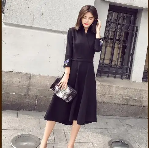 Женское винтажное платье трапециевидной формы с длинным v образным вырезом и