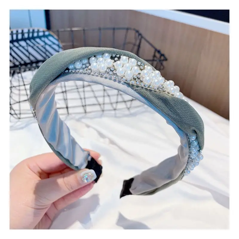 F263 green Модные резинки для волос для женщин, стразы, жемчужные украшения, повязка на голову, ободок для волос, Diademas Bordadas Haar, аксессуары - Цвет: F263 green
