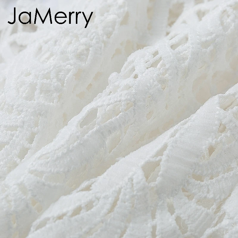 JaMerry Vintage ruffled white lace mesh embroidery blouse shirt Elegant hollow out long sleeve female tops Sexy party tops
