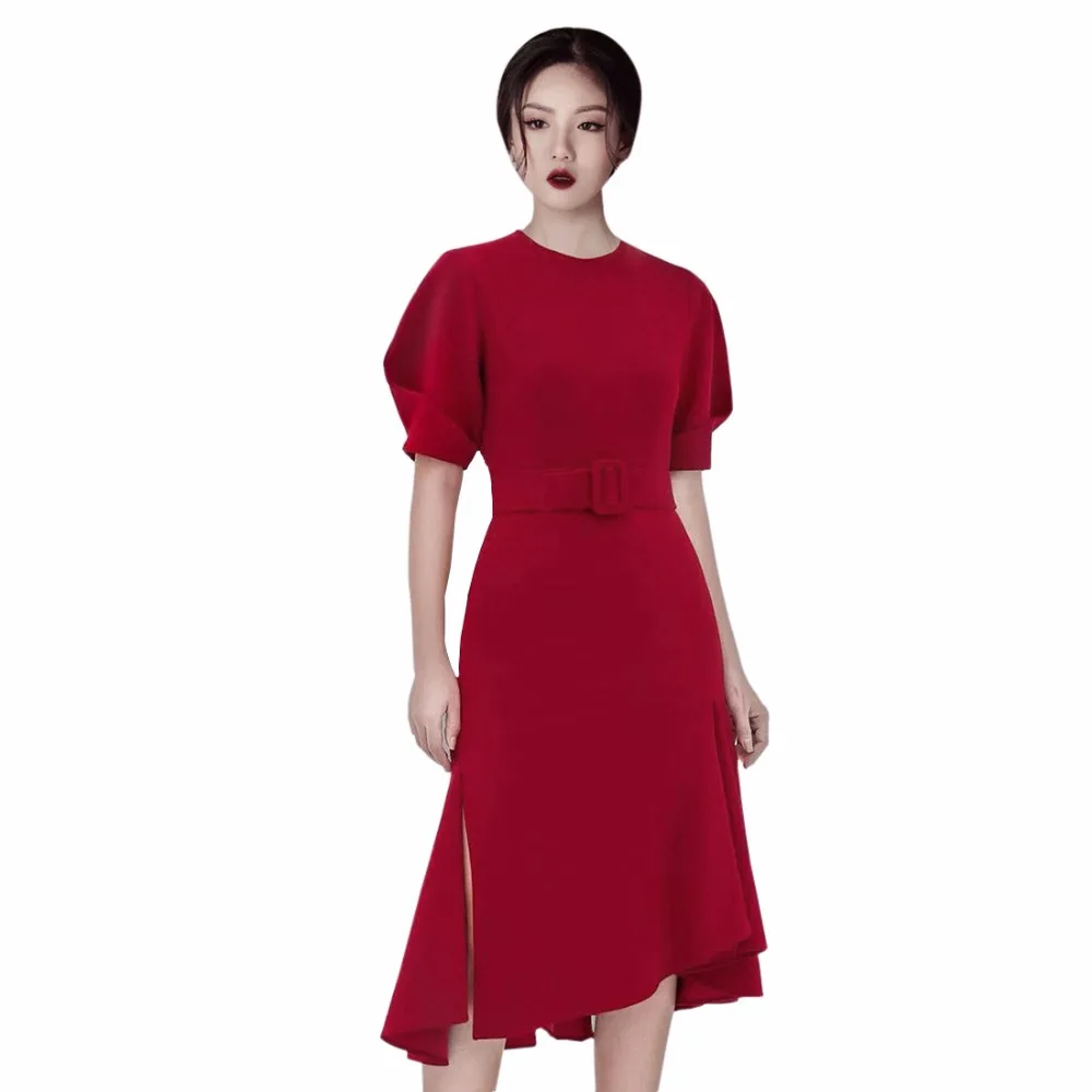 Женское платье с О образным вырезом Бандажное разрезом и поясом для ночного