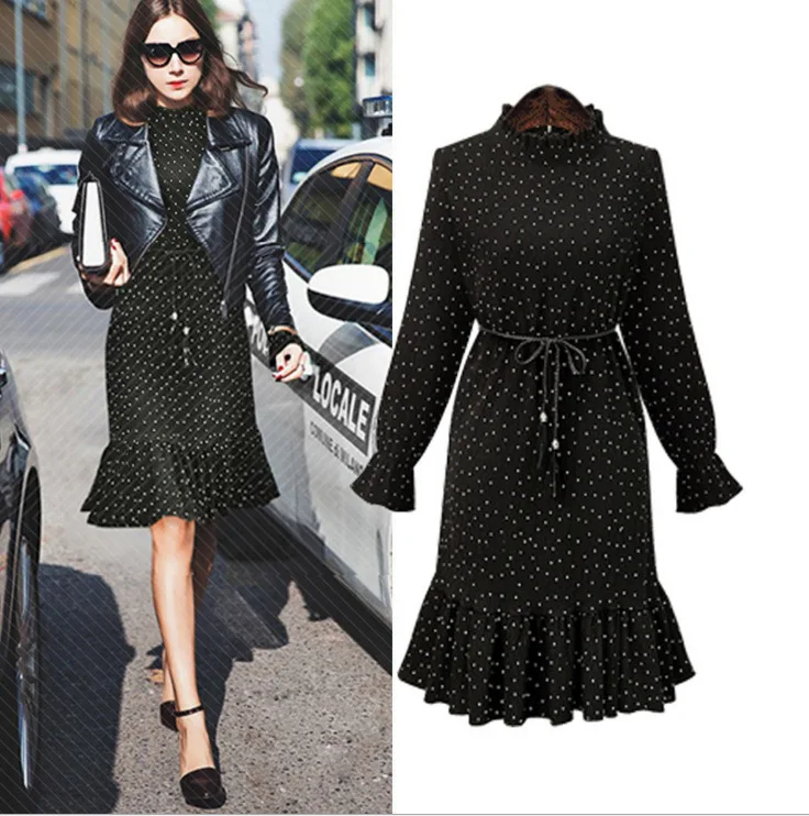 Женская одежда в горошек платья большого размера на лето и осень нового плюс