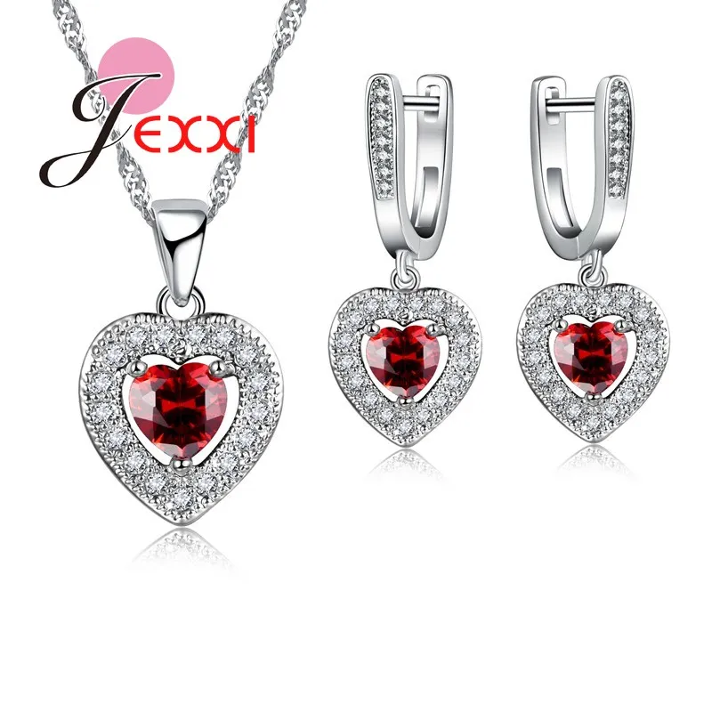 

Pretty Women Jewelry Sets 925 Sterling Silver Austrian Crystal Heart Pendant Necklace + Earrings Set For Woman