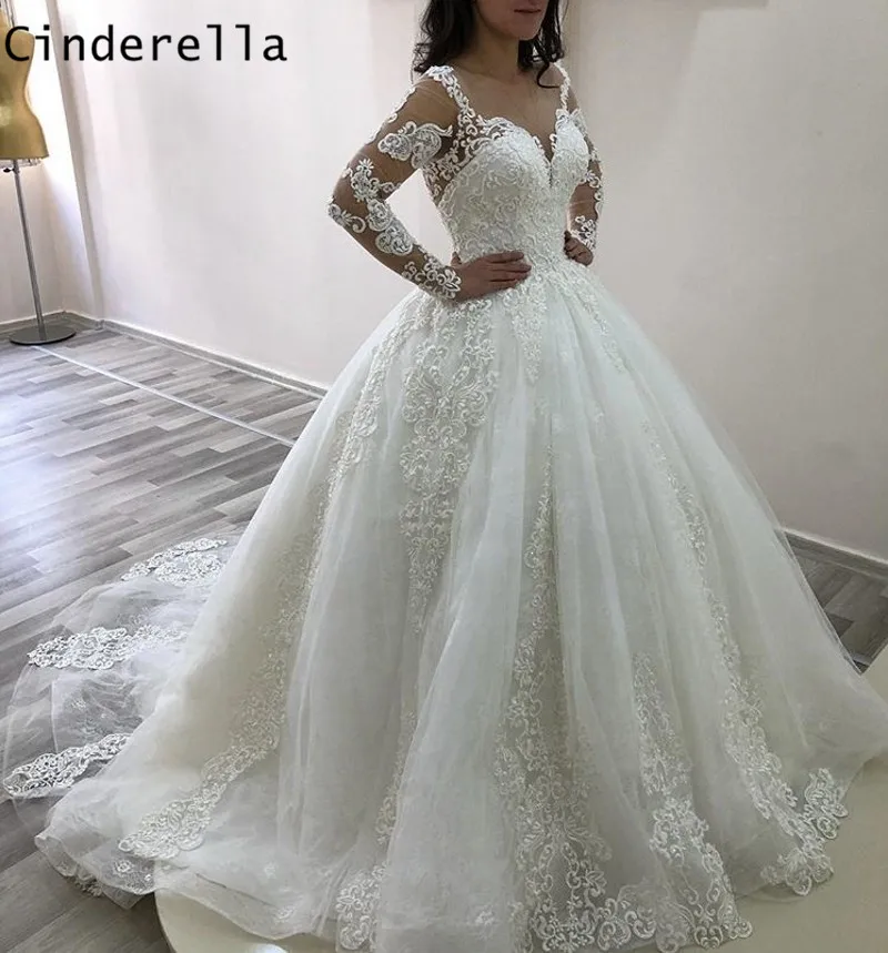 Свадебное платье Золушки с v-образным вырезом длинным рукавом кружевной наряд со
