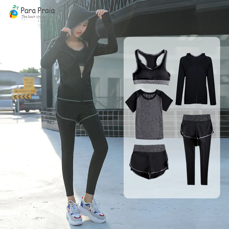 grey Five-piece suit Комплект из пяти предметов для йоги, спортивная одежда для женщин, спортивный бюстгальтер, одежда для фитнеса, спортивный костюм для женщин, женский укороченный топ для тренировок в тренажерном зале - Цвет: grey Five-piece suit
