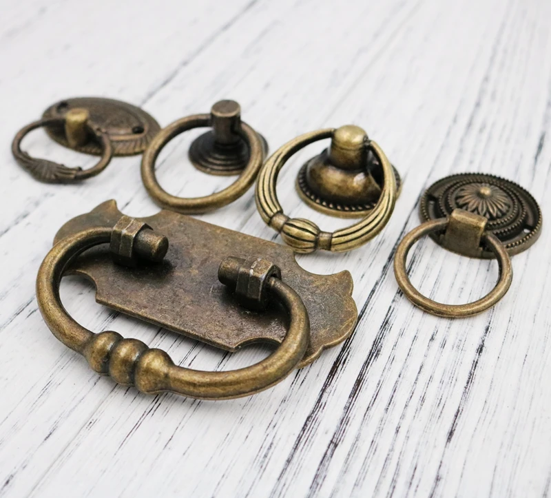 4pcs Vintage Znic alloy Cabinet Knobs Drawer Dresser Door Bin Cupboard Drop Ring Pulls  Antique Brass Handle