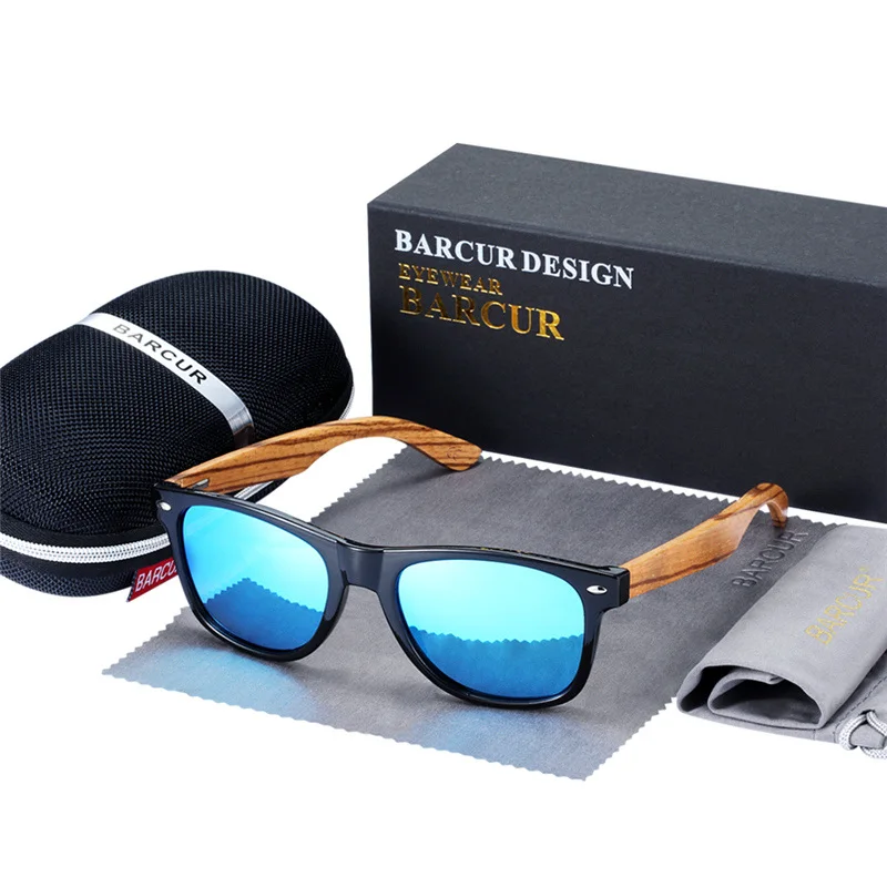 Солнцезащитные очки, поляризационные, Зебра, дерево, солнцезащитные очки, ручная работа, Ретро стиль, деревянная оправа, мужские, для вождения, солнцезащитные очки, оттенки, Gafas, с коробкой - Цвет линз: Blue EVABox