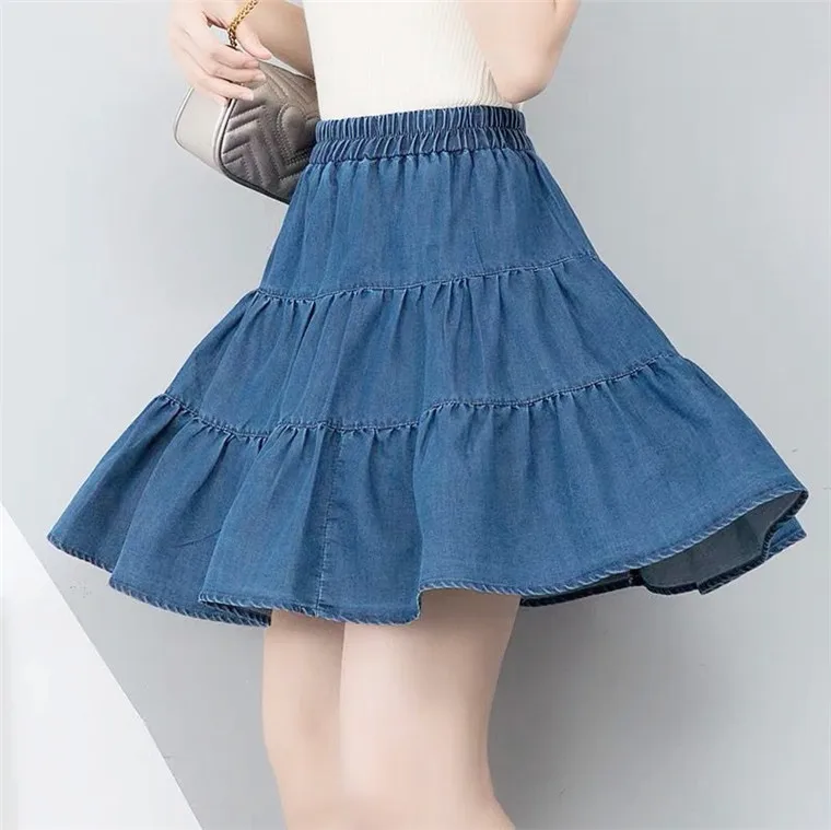 light blue Высокая с оборками на талии пляжные женские джинсовые юбки Feminino летние юбки с оборками Плюс размер Элегантная мини джинсовая юбка 5xl 6xl 7xl - Цвет: light blue