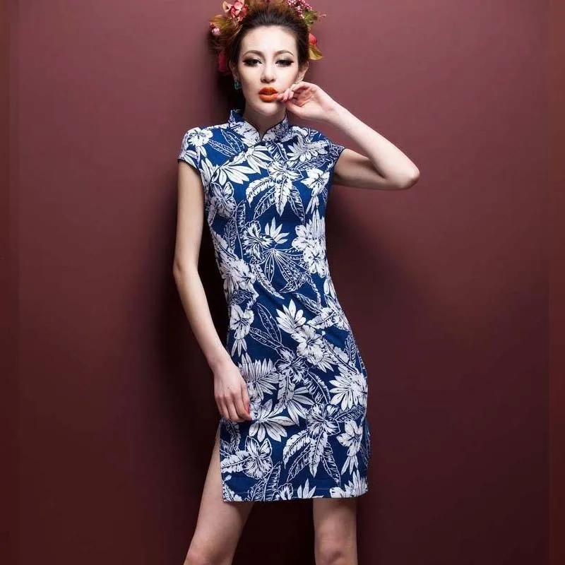 Blue louver Sheng Coco 5XL китайское традиционное платье с принтом эластичность лен хлопок китайский Qipao короткое улучшение эластичная сила Cheongsam - Цвет: Blue louver