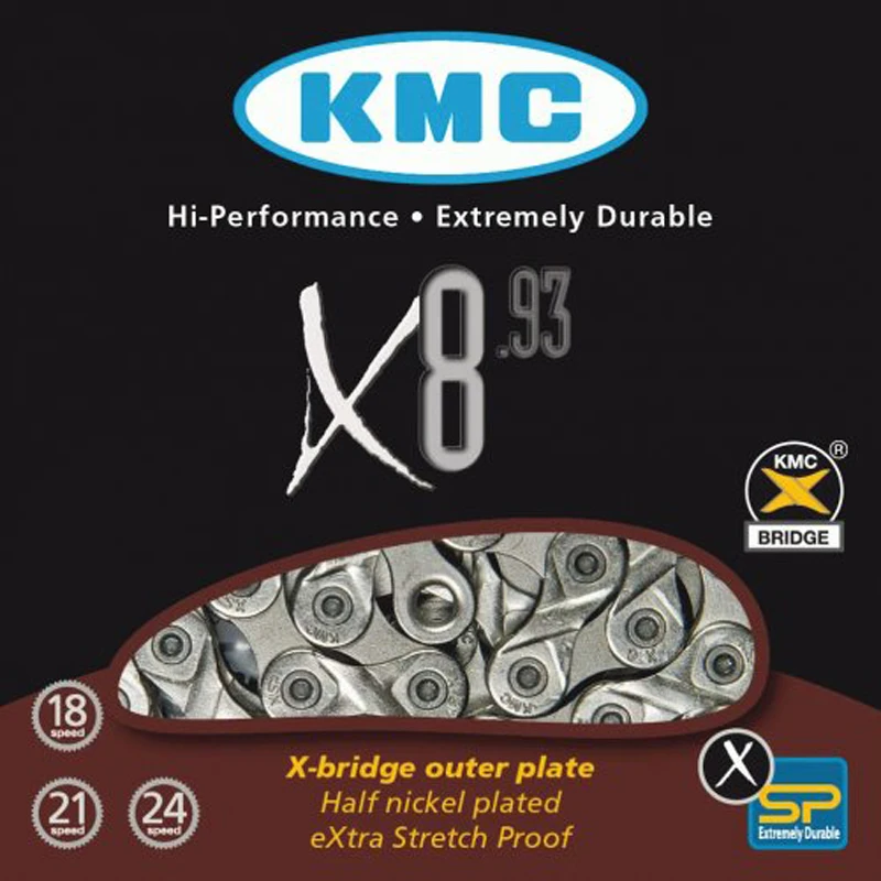 Оригинальная KMC X8.93-NPGY 8 скоростей KMC цепь для треккинга 116 звеньев наполовину никелированная чрезвычайно прочная KMC 8 S цепь для дорожного велосипеда