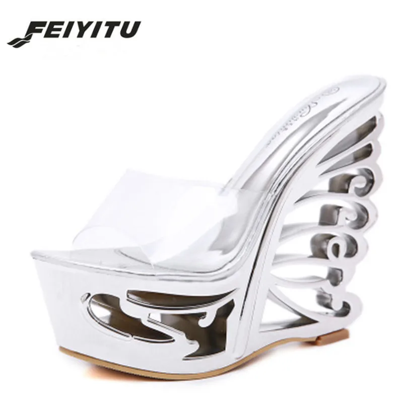 FeiYiTu/Новинка Шлепанцы на высоком каблуке 15 см Женские шлепанцы с блестками