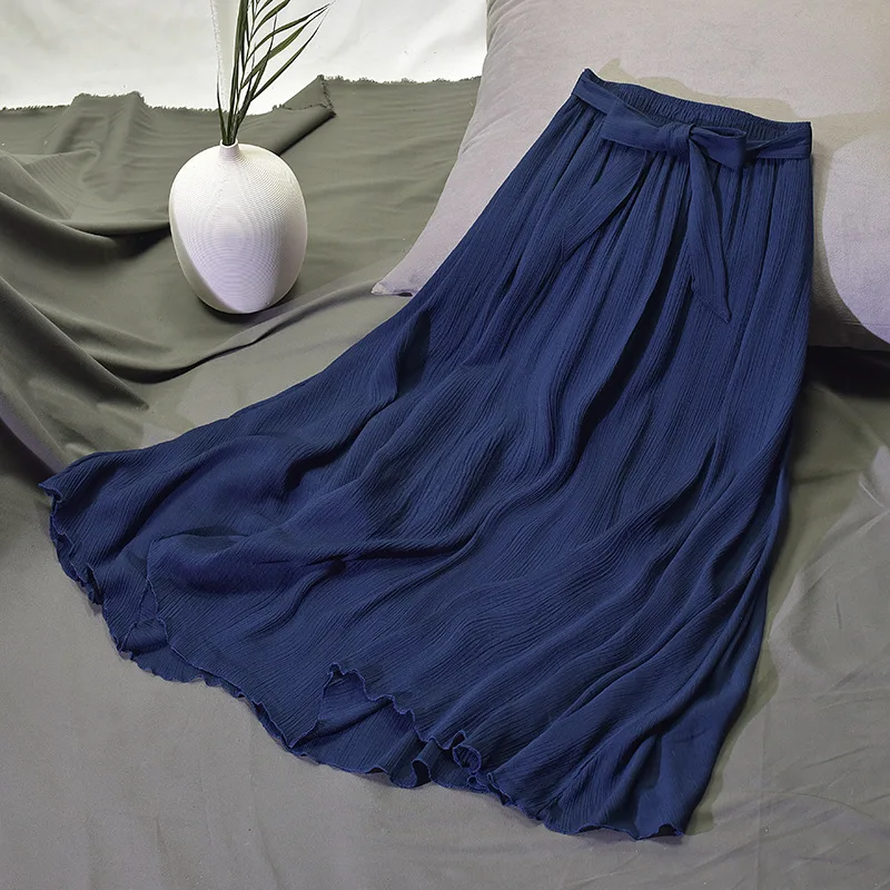 Blue LYZCR, винтажная, хлопковая, линия, Женская юбка, миди, летняя, на шнуровке, Wihte, женские юбки, плиссированная, эластичная, линия талии, юбка для женщин - Цвет: Blue