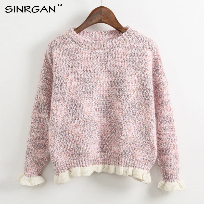 SINRGAN ruffle o-neck winter knitted sweater Women long sleeve casual pullover female Soft warm autumn jumper clothes | Женская одежда
