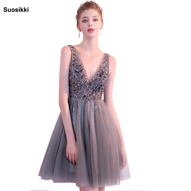 

Sparkle Crystal Beaded Short Cocktail Dresses Gray Homecoming Dress Double V-neck Sexy Shiny Mini Prom Gowns Abiye Vestidos