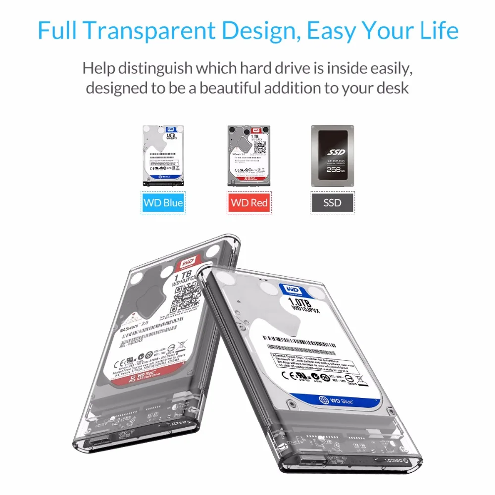 ORICO 2 5 дюймов Прозрачный чехол для жесткого диска USB3.0 на Sata 3 0 Бесплатная